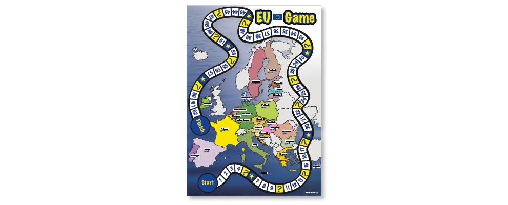 EU spelbord met pionnen en dobbelsteen, beschikbaar in Nederlands en Engels.