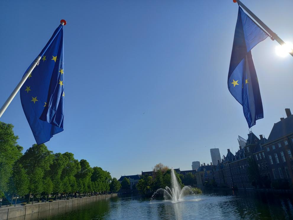 Twee van de twaalf vlaggen aan de Haagse Hofvijver op Europadag