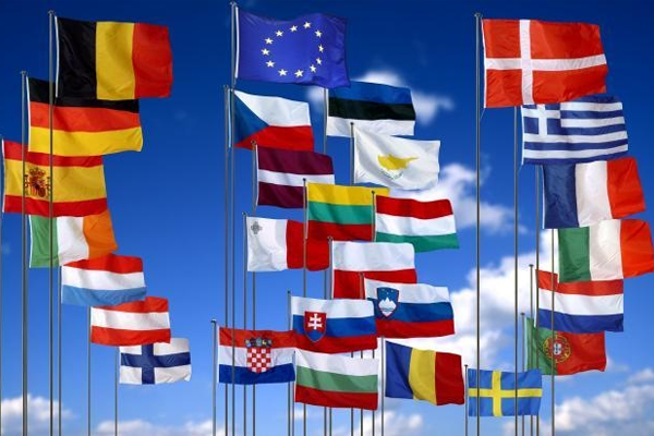 The Members States flags of the European Union of 27 Countries and the European flag